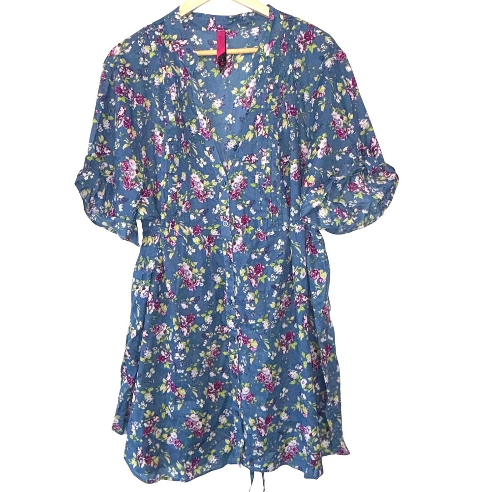 Pure Energy Tunic Top Womens Floral Pintuck Excellent Boho Short Sleeve 4X Blue